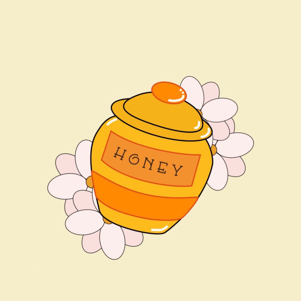 Pot de miel avec deux fleurs derrières qui sont le centre du flyer en anglais.