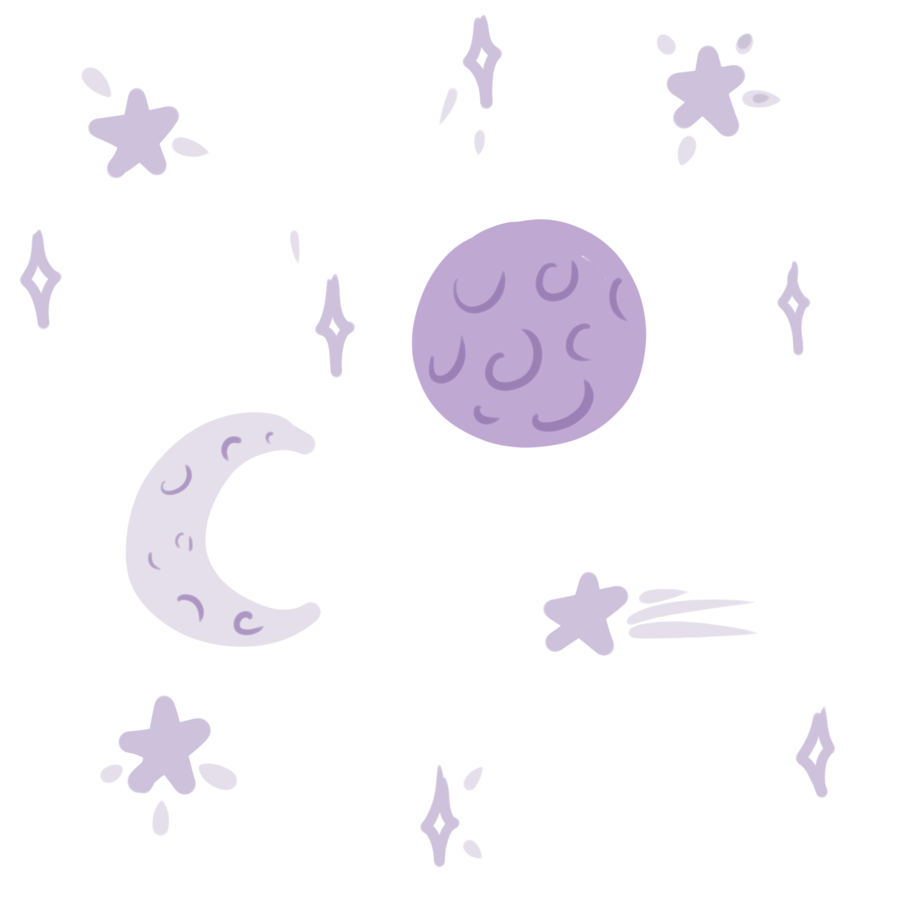Dessin de l'espace avec une palette de couleurs violet mauve composé d'une planète, une lune et plusieurs étoiles.