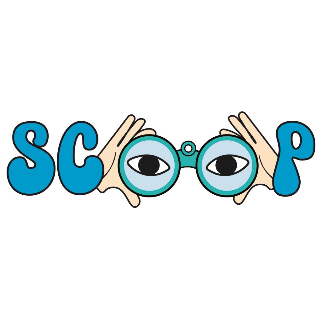 Logo pour une application nommé Scoop, composé de jumelles pour les deux "o" tenu par deux mains, palette de couleurs bleues.