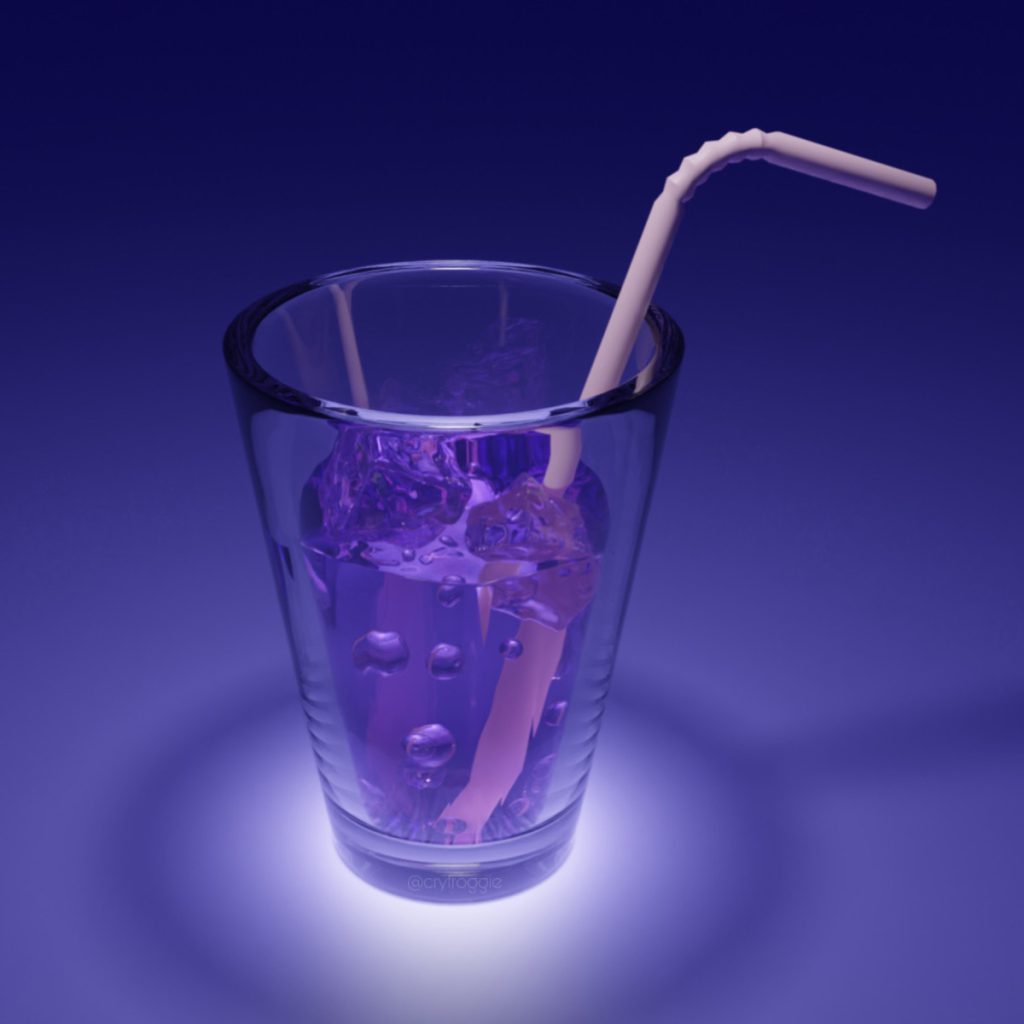 Verre rempli d'un liquide gazeux avec une paille sur la droite et un fond violet qui se reflète dans le verre.
