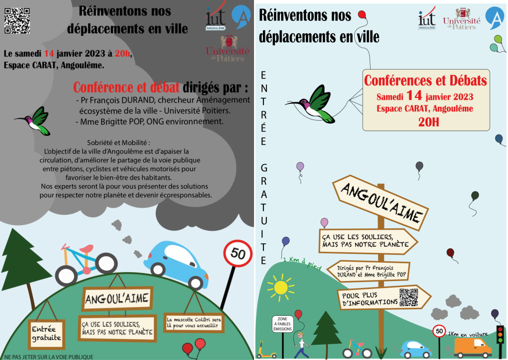 Une affiche et un flyer pour une conférence sensibilisant sur la pollution des transports.
