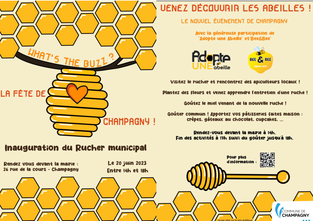 Flyer recto-verso en français pour un évènement de célébration d'un rucher municipal.