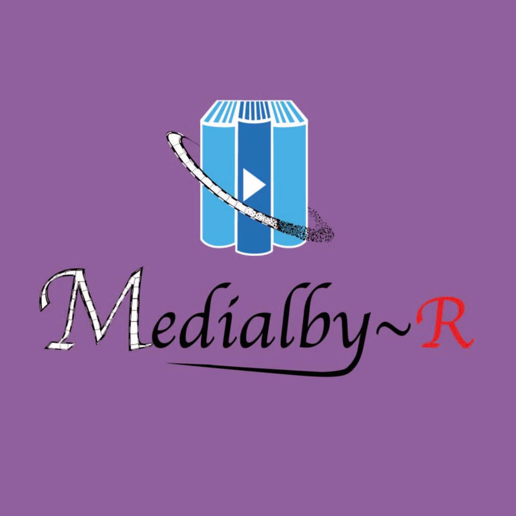 Logo et logotype pour une médiathèque nommé Medialby, Le fond de l'image et violet, le logo composé de trois livres est majoritairement bleu, le logotype est du texte en noir, blanc et rouge.