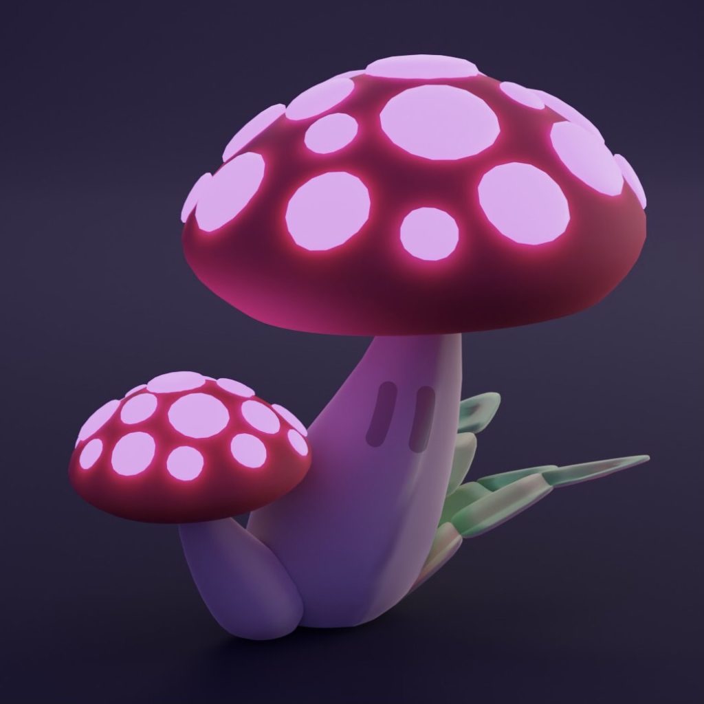 Deux champignons rouges et lumineux avec des yeux, sur un fond bleu foncé.