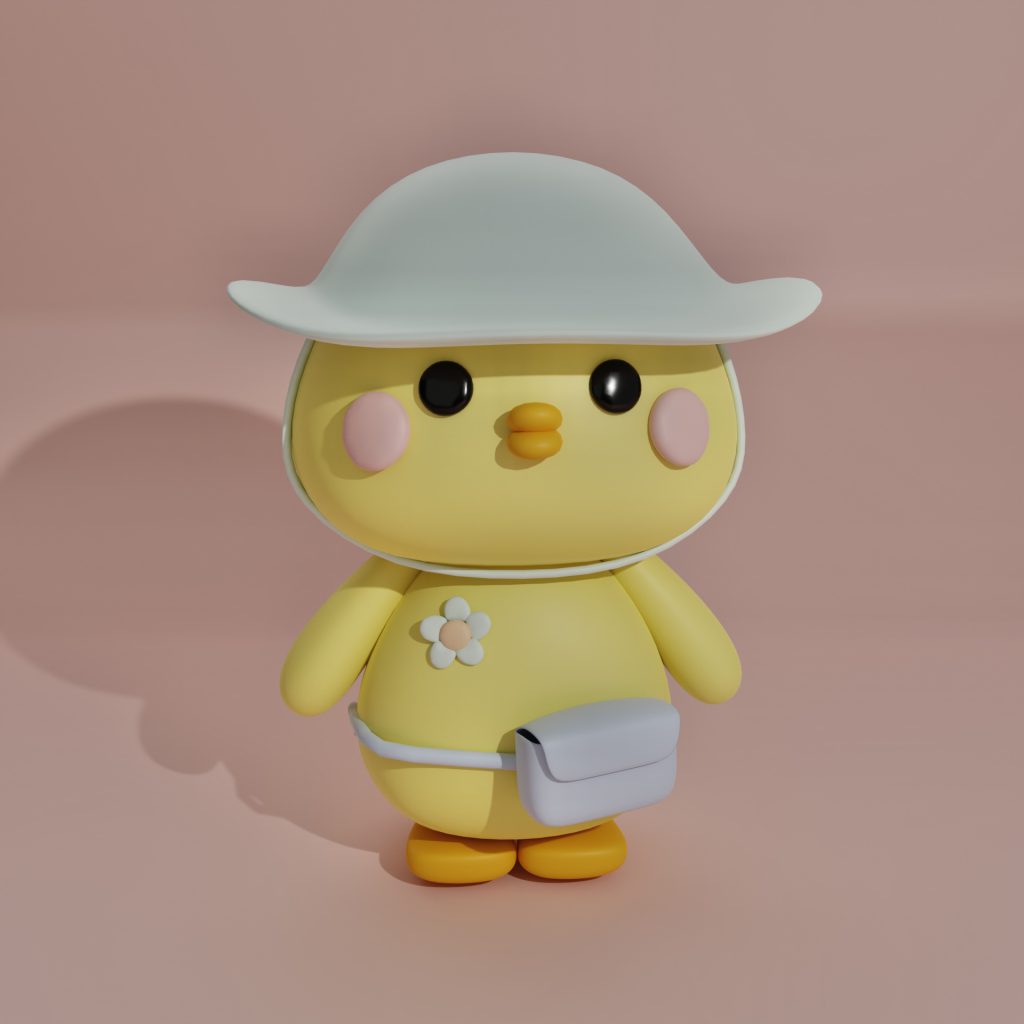 Un canard jaune avec un sac, chapeau et fleur blanche, debout sur un fond rosé.