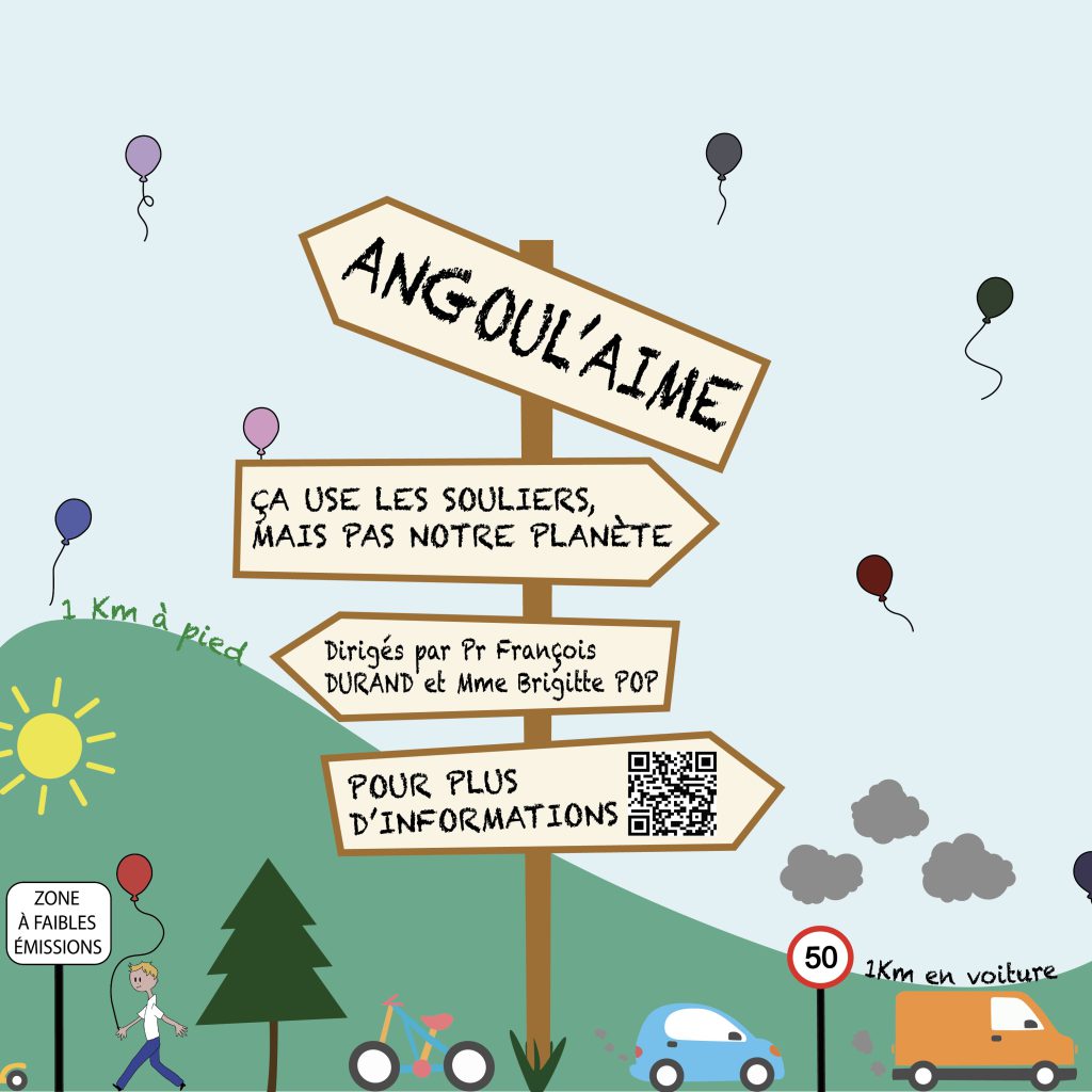 Affiche pour une conférence sur l'écologie à Angoulême mais zoomé, on y voir un panneau directionnel ainsi qu'une colline, des voitures, un piéton, un arbre et un vélo.