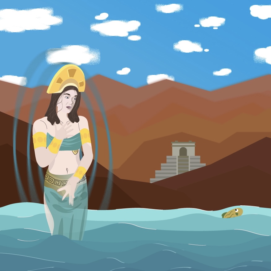 Autoportrait digital de Margot RUCH, on y voit un ciel, des montagnes, un temple inca, de l'eau et un poisson et Margot.