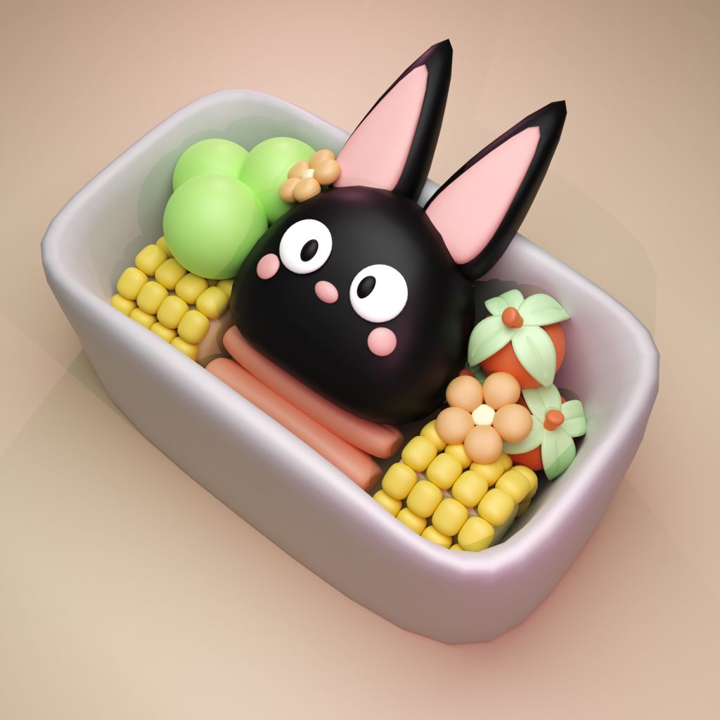 Un bento Ghibli (le chat de Kiki la petite sorcière) avec du maïs, des tomates ainsi que d'autres aliments sur un fond pêche/beige.