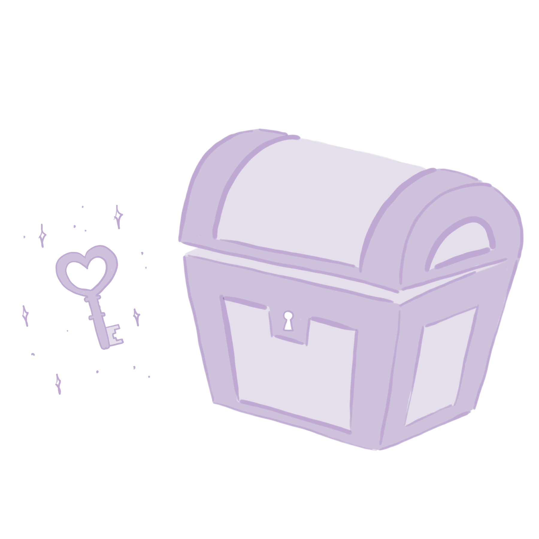 Dessin d'un coffre et d'une clef avec une palette de couleur violette mauve.
